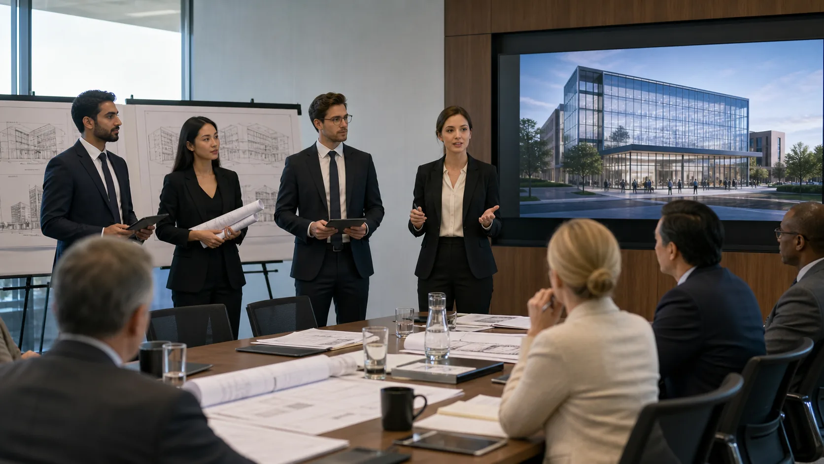 Construction and architecture team presenting to a public board