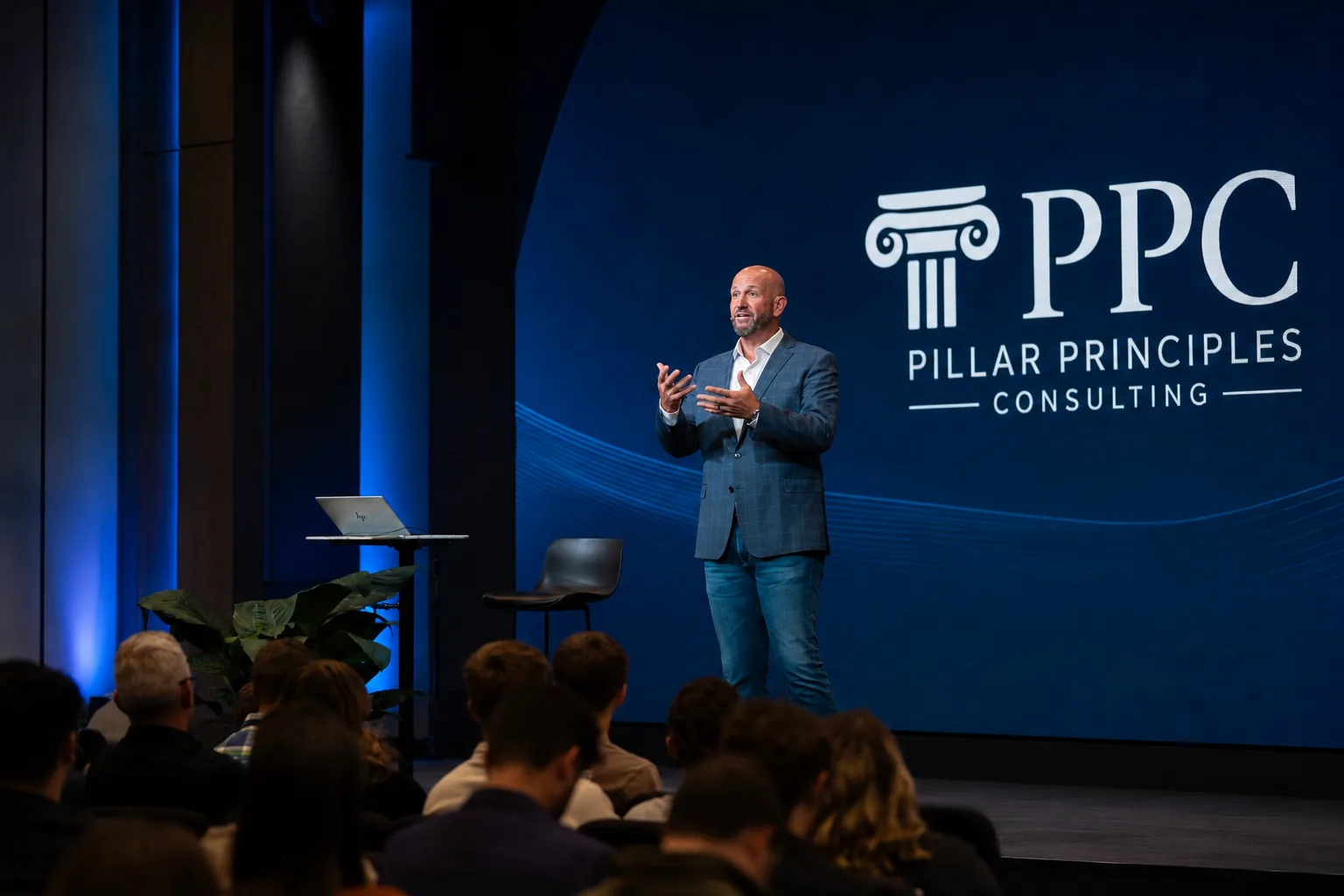 Paul Beiler delivering a keynote on stage with the Pillar Principles Consulting logo behind him