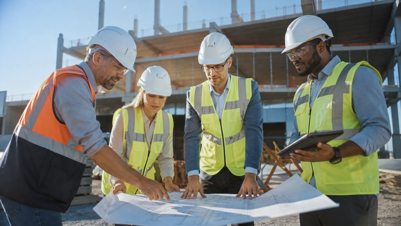 Construction and architecture team reviewing blueprints on a project site